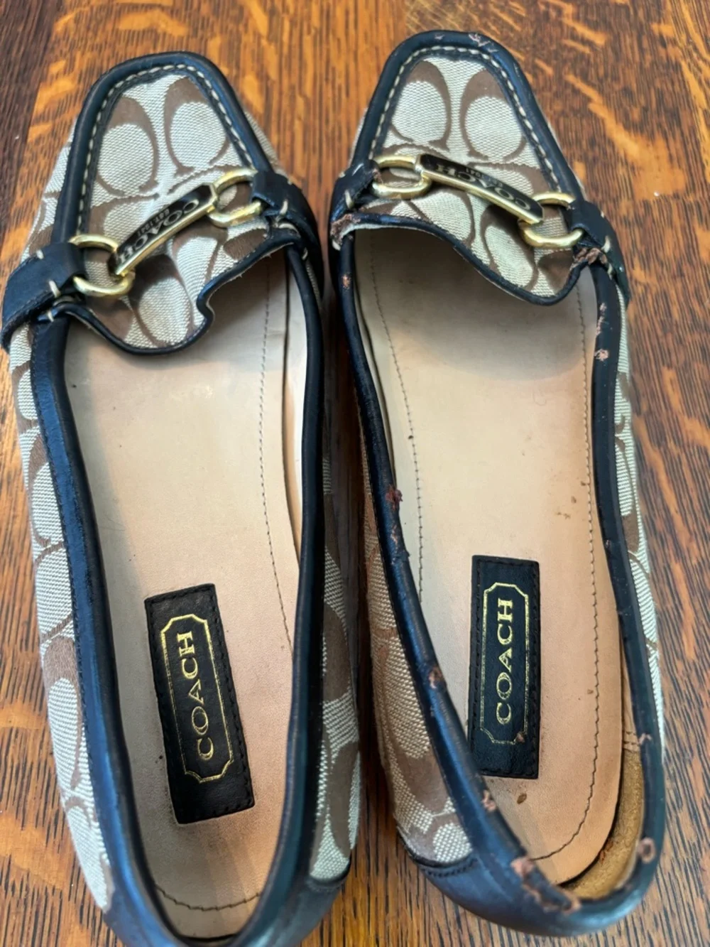 Coach Brown Signature Monogram Canvas Loafers with Gold Hardware